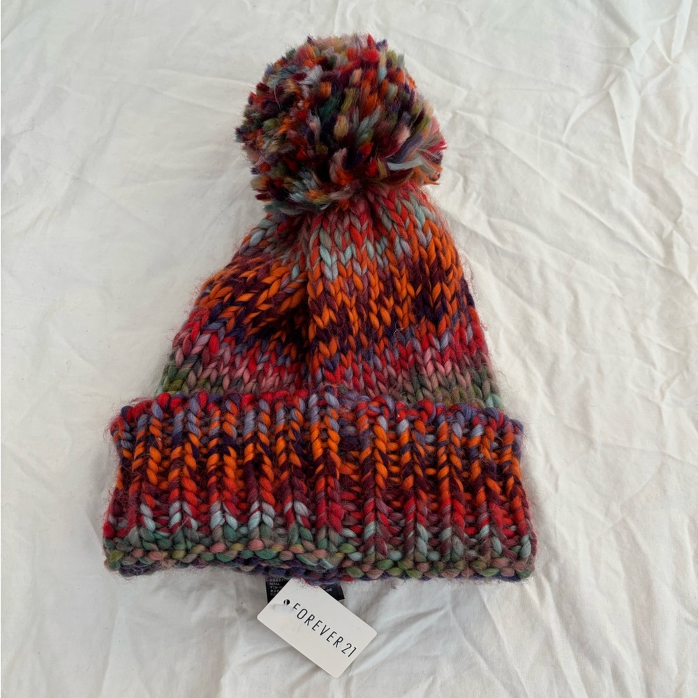NWT Forever 21 Pom Pom Knit Beanie Hat Red/ Multi Color OS